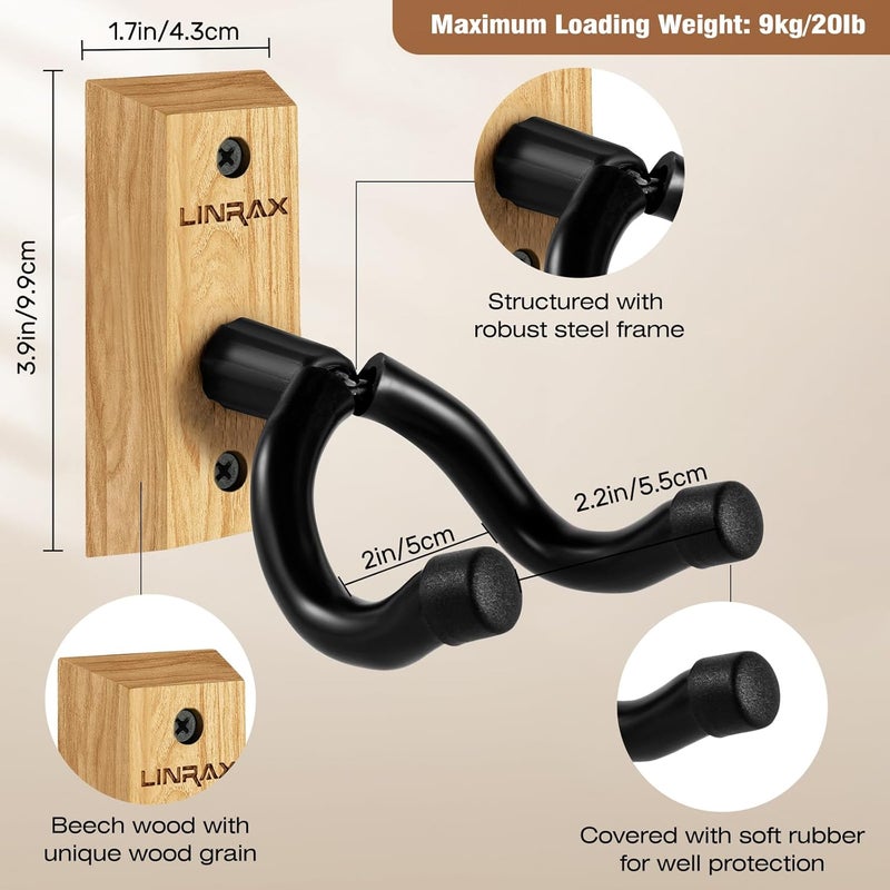 LINRAX Guitar Wall Mount, 2 Pack Wall Hanger, Hardwood Guitar Hook with Screws, U-Shaped Guitar Holder for Acoustic Classical Electric Guitar Bass Banjo Mandolin, Guitar Wall Stand - Image 3